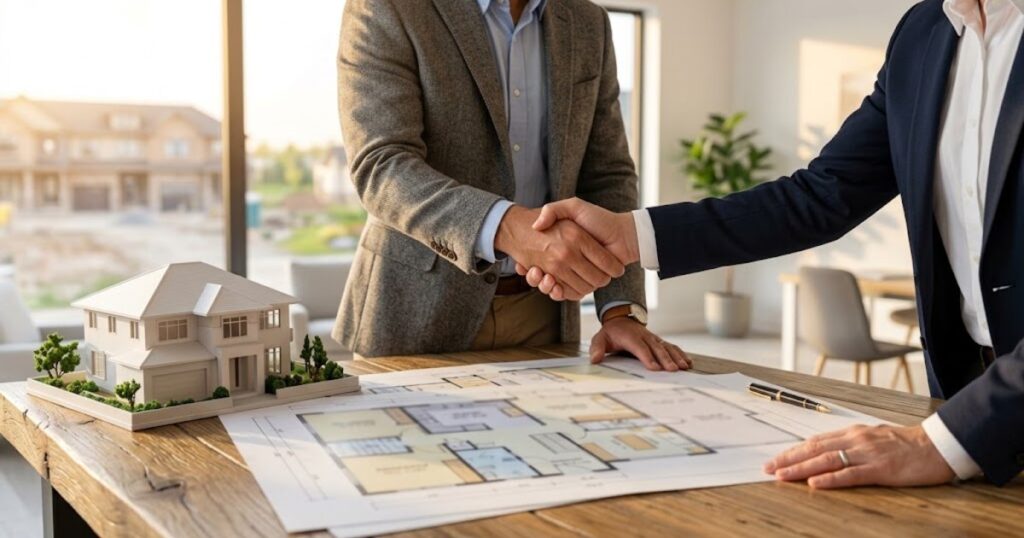 Handshake over floor plans and a model home in a new-home sales centre