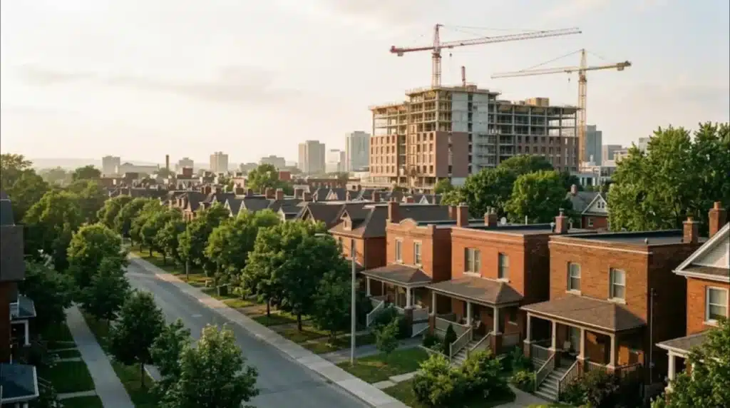 Tree-lined central Ottawa street of older brick homes with construction cranes over a large new building in the distance