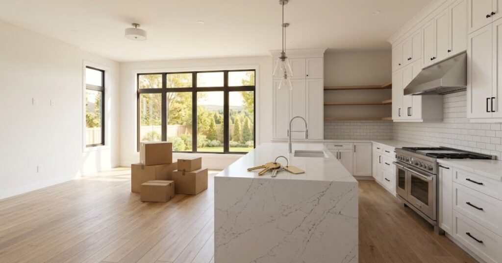 Empty move-in-ready new home with moving boxes in the open-concept living area