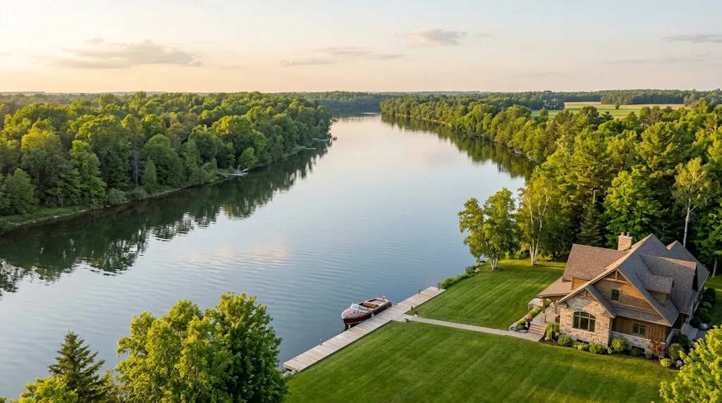 Aerial view of a riverfront home with a private dock and boat on the Rideau River near Manotick