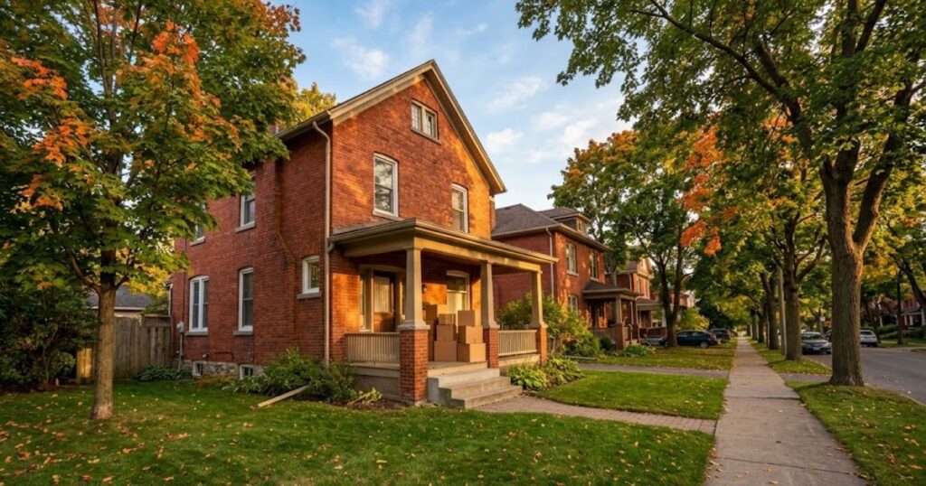 Established red-brick family home on a tree-lined street with moving boxes on the porch in autumn