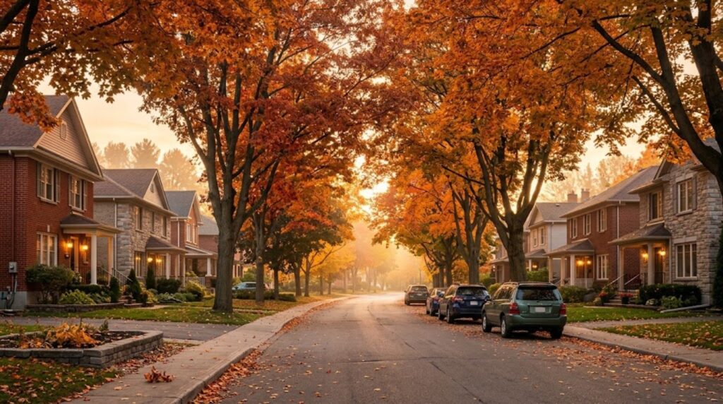 Tree-lined street of established family homes at golden hour in autumn